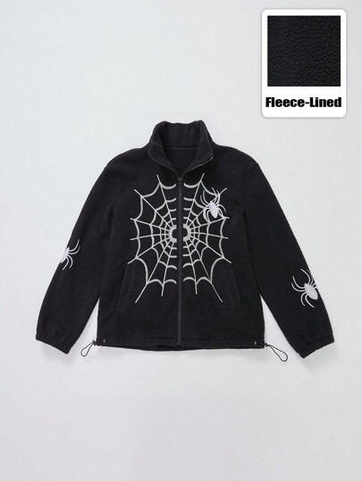 Goth Men's Casual Front Zip Up Jacket With Spider Print, Minimalist Design, Halloween