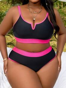 Plus Size Women Contrast Color Holiday Beach Casual Strap Bikini Set Summer - Black - View 5