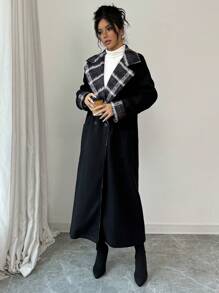 Elenzga Loose Plaid Long Coat, Winter - Black - View 3