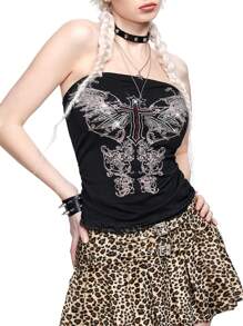ROMWE Goth Y2K Studded Cross Wing & Vine Print Cropped Halter Tank Top For Women, Black