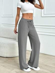 RueChic Women's Grey Striped Mid Rise Drawstring Pants - Grey - View 6