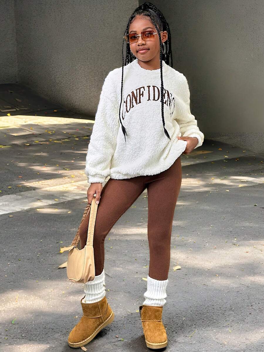 SHEIN Leap Crew Bộ quần áo nỉ chui đầu cổ tròn dài tay thể thao và quần legging cho bé gái tuổi mới lớn - Nhiều màu - Xem 1