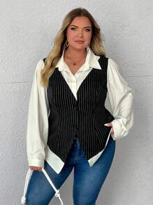 SHEIN CURVE+ 大码女式秋冬条纹拼布休闲/商务衬衫