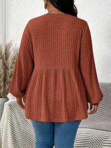 SHEIN LUNE 秋季大码女式纯色圆领长袖针织罗纹毛衣 T 恤