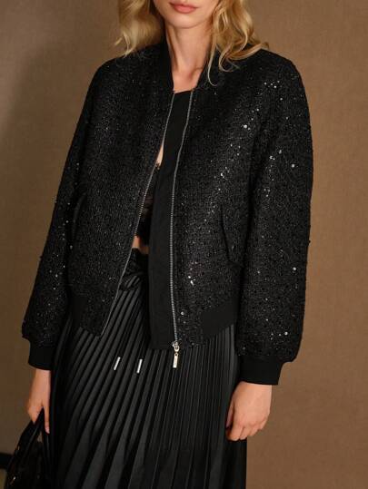 MOTF STUDIO Chaqueta bomber de tweed con cremallera y lentejuelas