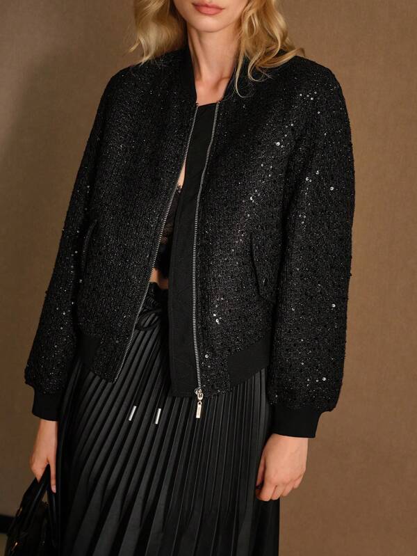 MOTF STUDIO Chaqueta bomber de tweed con cremallera y lentejuelas