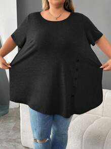 SHEIN CURVE+ 大码纽扣细节不对称下摆 T 恤 - 黑色 - 查看 6