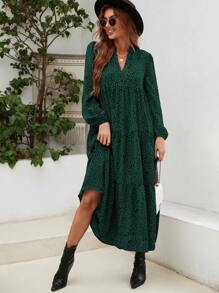 SHEIN LUNE 女士秋季豹纹 V 领灯笼袖连衣裙，秋季长款女装 - 墨綠色 - 查看 3