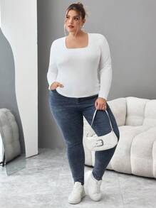 SHEIN CURVE+ 大码女式两件套方领紧身长袖休闲T恤套装，秋冬季女装，百搭基本款 - 黑與白 - 查看 3
