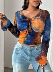 SHEIN EZwear Plus Size Tie-Dye T-Shirt With Pleated Bell Sleeves, Casual Style For Early Autumn