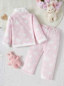 2pcs Young Girls Cute Rabbit & Heart Print Flannel Pajama Set - Baby Pink - View 2