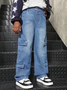 Loose Asymmetrical Waist Multi-Pocket Fashion Casual All-Match Washed Denim Wide-Leg Jeans, Essential New Item For Girls, 2024