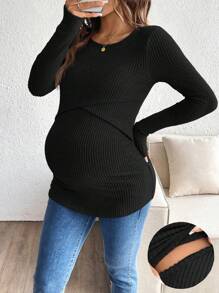 SHEIN Pregnant Women Solid Color Round Neck Long Sleeve Ribbed Nursing Top, For Maternity - Black - View 1