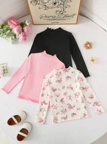SHEIN 3pcs Set Baby Girl Cute All-Match Floral Printed Elastic Knit Long Sleeve Tops, Autumn/Winter - Multicolor - View 2