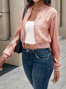 SHEIN LUNE Solid Color Zip-Up Foil Short Casual Lightweight Jacket, Long Sleeve Fall Winter Cloth For Women - Pink - View 5
