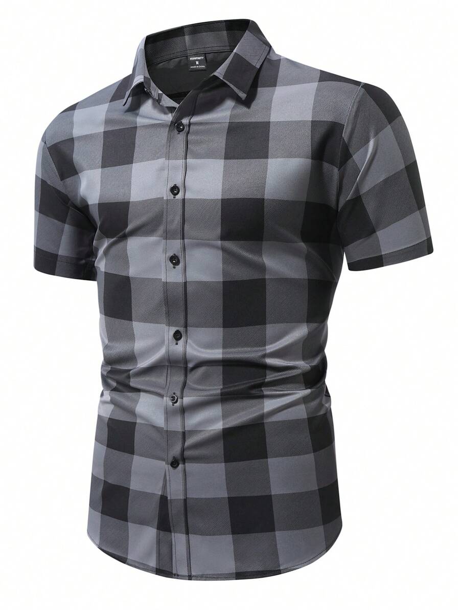 Manfinity Homme Men's Front Button Short Sleeve Plaid Casual Top, Everyday Wear - Multicolor - View 1