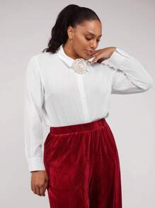 SHEIN Clasi Plus Size Women Solid Color 3D Floral Button Long Sleeve Shirt Blouse, Autumn - White - View 3