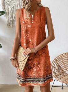 SHEIN LUNE Dames zomervakantiestijl bloemenprint ingekeepte v-hals losse tankjurk