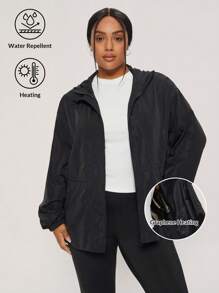 SHEIN BASICS Casual Solid Color Woven Loose Fit Hooded Plus Size Jacket - Black - View 1