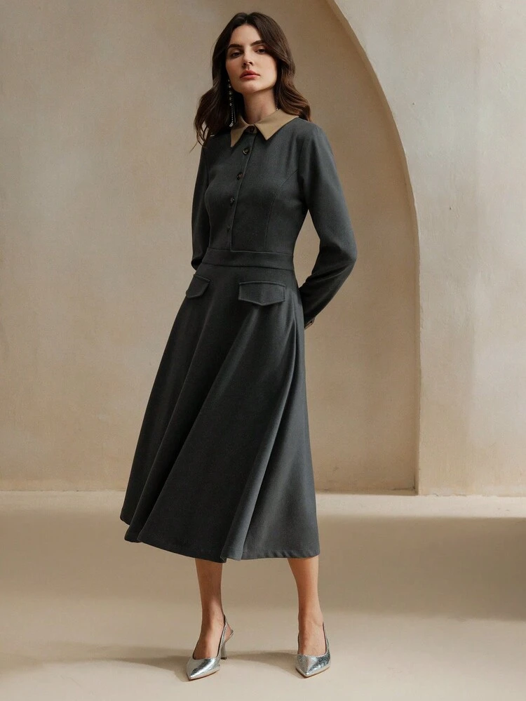 Elegant Contrast Color Faux Pocket Design Woolen Dress With Collar And Sleeve Details, For Women, Autumn