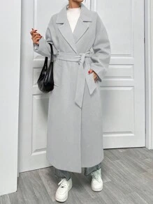 EURMUSE Áo khoác len cổ ve kép cài khuy túi chéo thắt lưng buộc eo - Màu Xám nhạt - Xem 3