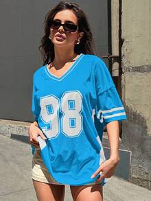 Denimoi Women's Loose V-Neck Dropped Shoulder Numeric Print T-Shirt, Casual - Blue and White - View 4