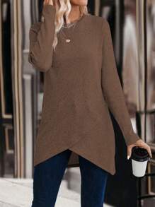 SHEIN LUNE 女士休闲圆领长袖不对称下摆 T 恤，秋季 - 咖啡棕 - 查看 4