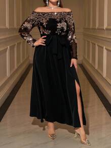 Gownix Elegantes Kleid in großen Größen mit Pailletten und Mesh-Einsätzen an der Schulter, für den Herbst