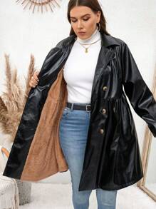 SHEIN LUNE 加大码秋装纽扣长袖腰带宽松时尚个性化风衣女大衣冬季外套秋季女装加大码秋装