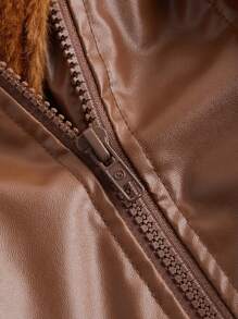 SHEIN MOD 女士复古大衣，蓬松与 PU 皮革撞色，金属纽扣开合，立领，秋冬，保暖，冬季女士大衣 - 咖啡棕 - 查看 3