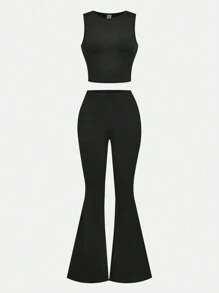 SHEIN Girlism Teen Girls 3pcs Plaid Long Sleeve Shirt, Crop Top & Flare Leg Pants Set, Casual Outfit For Fall