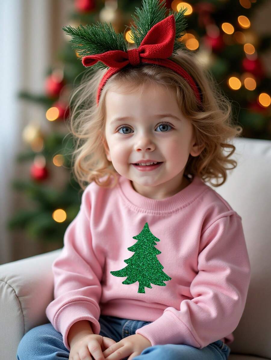 Christmas Casual Creative Christmas Tree Pattern Basic Crew Neck Sweatshirt For Toddler Girls - Pink - View 1