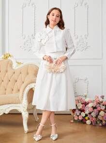 SHEIN Explorewe 青少年女孩 2 件套：优雅象牙色花卉 3D 装饰长袖衬衫 + 中长裙 - 白色 - 查看 6