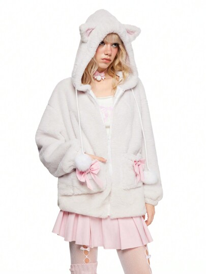 Kawaii Chaqueta kawaii de mujer con oreja de gato y lazo esponjoso