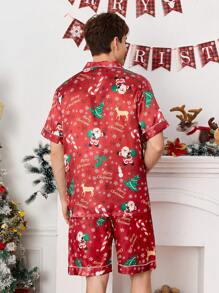 圣诞圣诞老人、姜饼、雪人和糖果人图案翻领缎面男士睡衣套装 - 彩色 - 查看 2