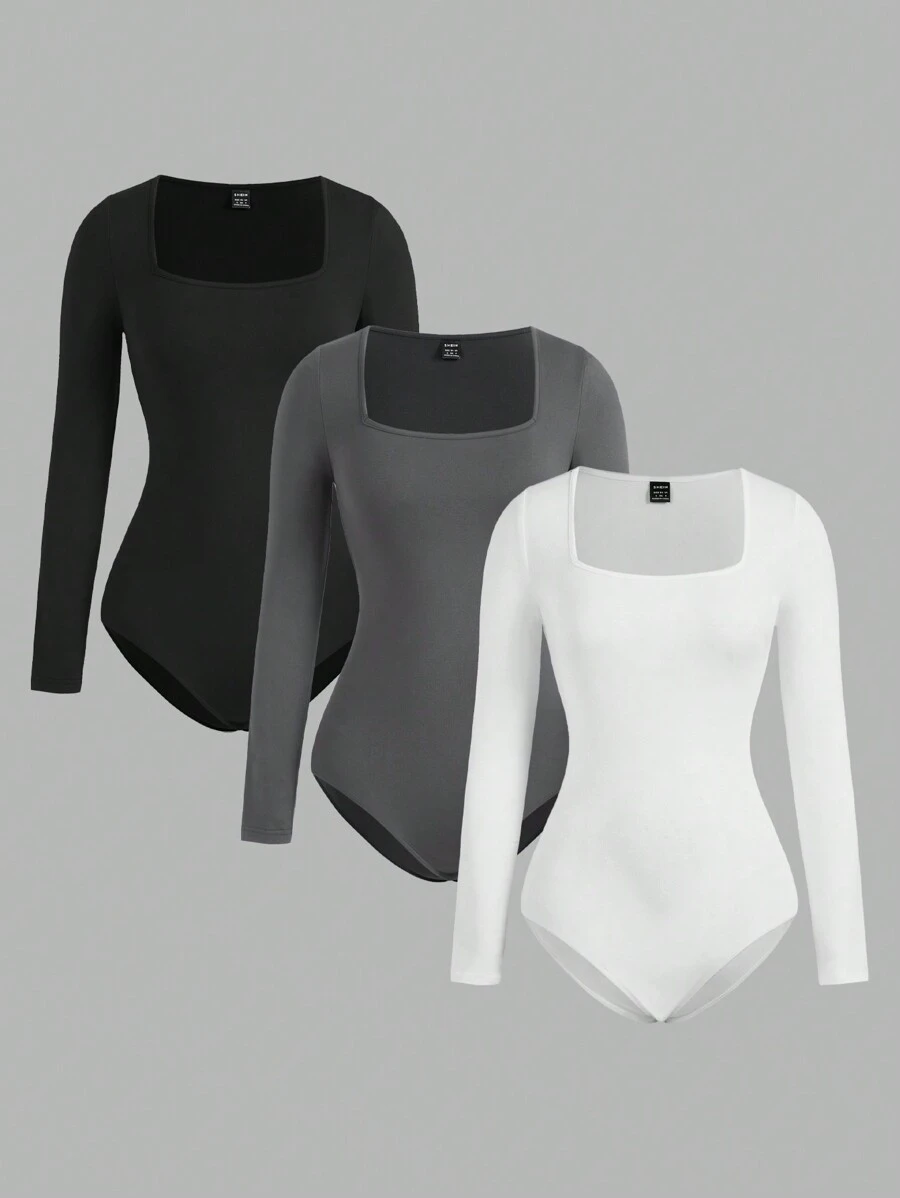 SHEIN EZwear 3 件套女士黑色、深灰色、白色休闲紧身圆领连体衣和超级短裤套装，适合秋季 - 彩色 - 查看 1