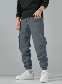 Manfinity Hypemode 男式纯色抽绳腰工装裤 - 深灰色 - 查看 5