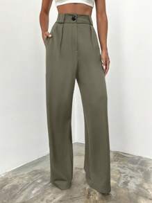 SHEIN Cottnline 纯棉高腰阔腿西装裤 - 軍綠色 - 查看 5