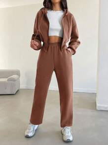 RueChic 2 件套女士休闲运动拉链连帽衫夹克和抽绳裤，秋季 - 棕色 - 查看 4