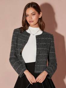 Enchnt 女士优雅休闲条纹短款夹克，秋季 - 灰色 - 查看 7