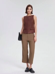 Casual Commuter Solid Color Fleece Effect Zip-Up Tank Top - Brown - View 4