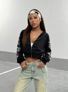 StreetHx Women Gothic Text Rhinestone Studded Short Zip Up Hoodie Sweatshirt, Autumn/Winter,Long Sleeve Top,Graduation,Teacher,Back To School Pullover Fall - Black - View 3