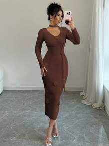 Chiquease 优雅女士长裙，花卉装饰针织连衣裙，秋冬 - 咖啡棕 - 查看 8