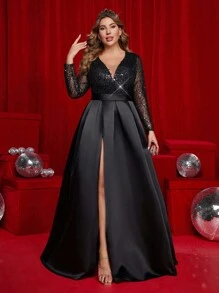 Glamrae 大码优雅浪漫黑色深 V 领长袖亮片拼接缎面高开叉 A 字裙，适合婚礼、派对、节日和正式活动晚礼服（重型）、舞会晚礼服、婚礼宾客、毕业典礼、派对礼服