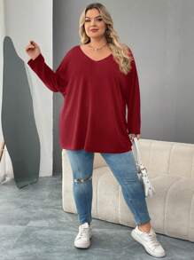 SHEIN CURVE+ Plus Size Red V-Neck Casual Long Sleeve Red T-Shirt