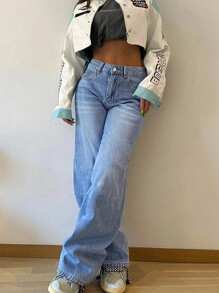 Women's Retro Loose Stacked Straight Denim Pants Casual Spring - Medium Wash - View 4