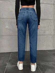 EURMUSE Vintage Washed High Waist Tapered Jeans - Medium Wash - View 2