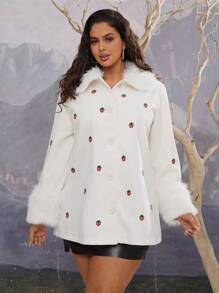 SHEIN VCAY Plus Size White Fluffy Strawberry Embroidery Casual Coat With Fluffy Trim, For Winter - White - View 4