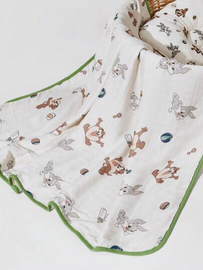 LOONEY TUNES X SHEIN Cute Cartoon Print Contrast Binding Soft, Lightweight & Breathable Double-Layer Natural Bamboo Fiber Baby Blanket, Multipurpose