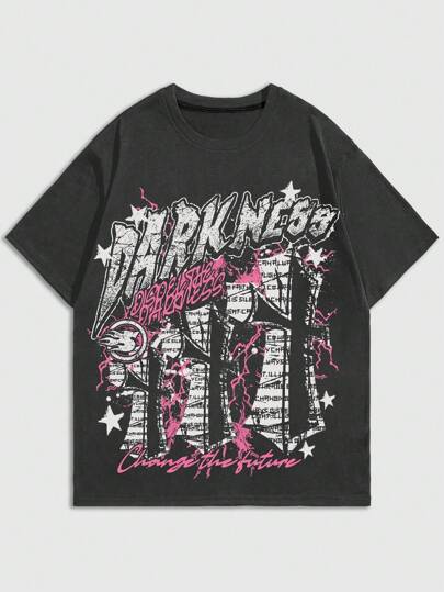 ROMWE Avant Camiseta de manga corta casual de cuello redondo suelta con estampado de letras para hombres, de verano